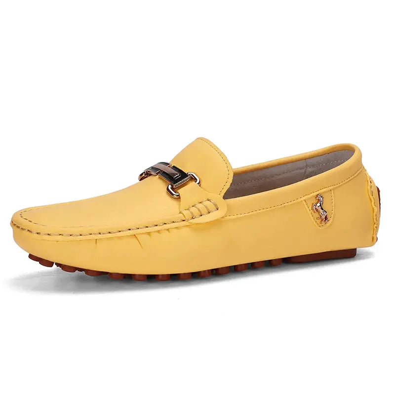 YRZL men's PU leather loafer in yellow, slip-on driving moccasin with metal buckle detail