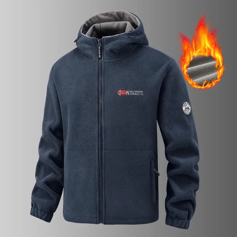 Men's navy fleece hooded jacket with full-zip and Outdoor Norway patch