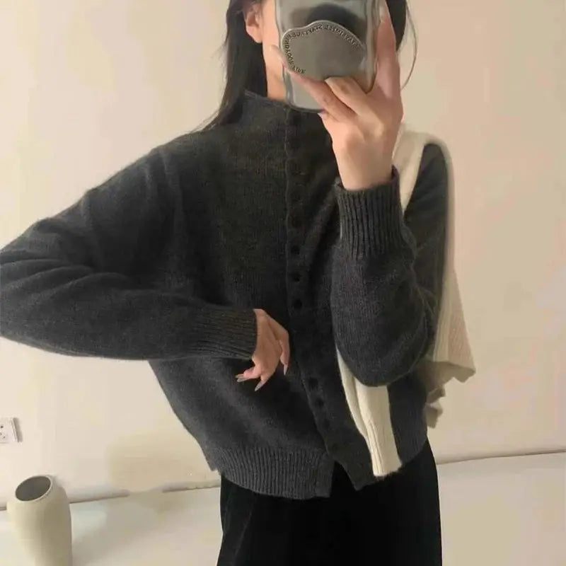 CozyWear Women's Standup Collar Cardigan Sweater Heavyweight Knit Single Breasted Autumn Outerwear