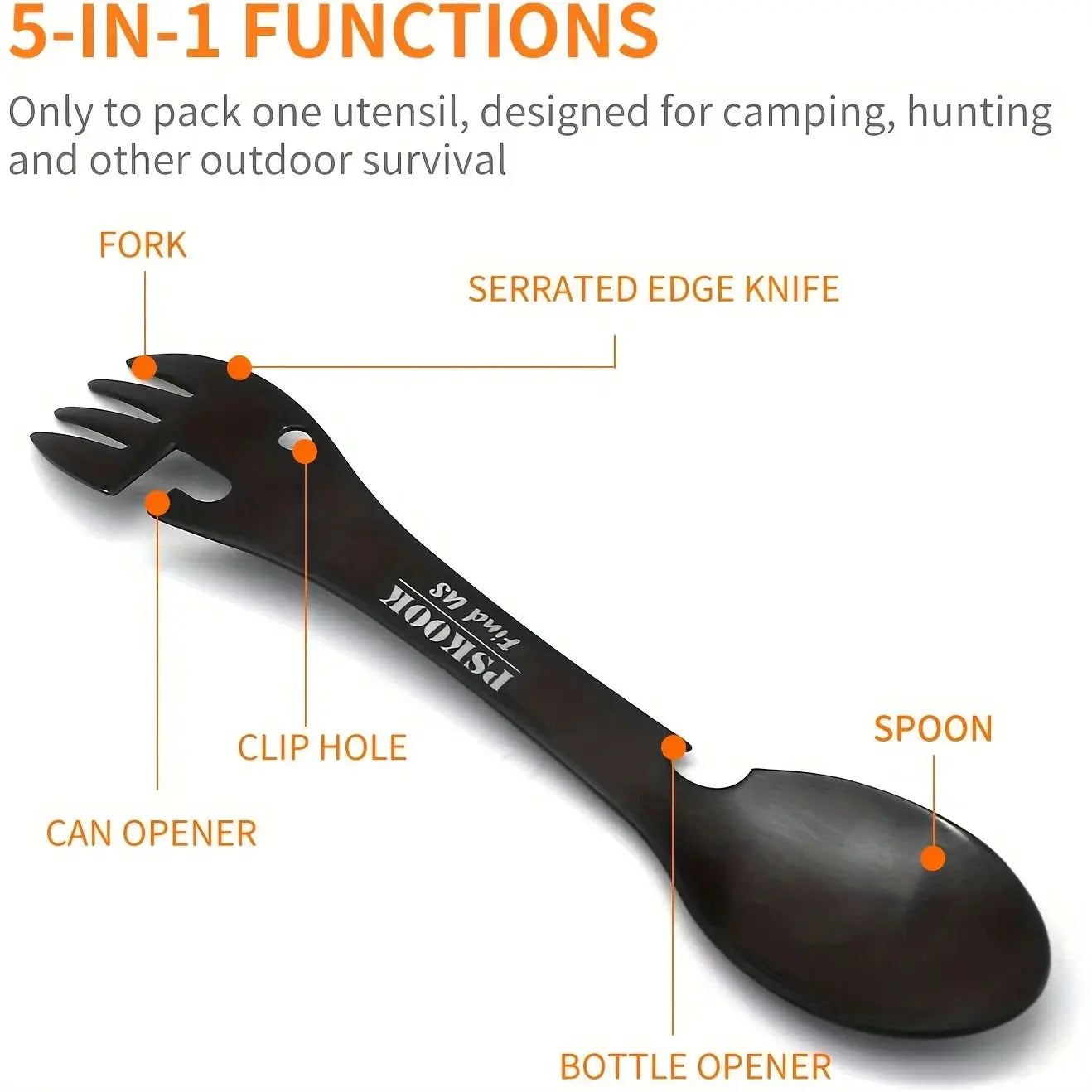 PSKOOK 5-in-1 camping multitool in black with fork, serrated edge knife, spoon, and bottle/can opener.