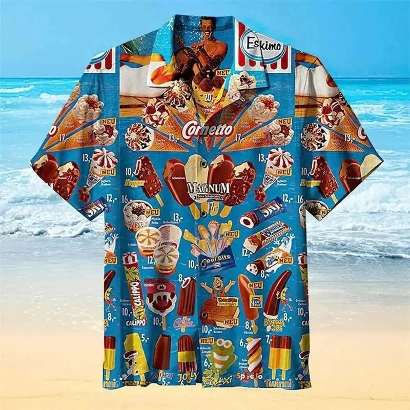 Simples Market blue Hawaiian shirt with ice cream and candy print; unisex oversized short sleeve
