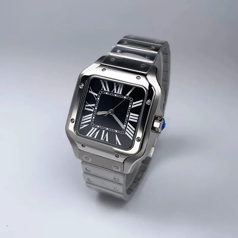 Men's square stainless steel automatic watch with black dial, white Roman numerals, blue crown