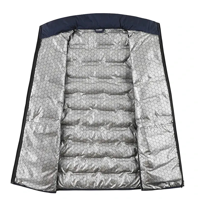 Men's navy duck down jacket with silver quilted interior lining