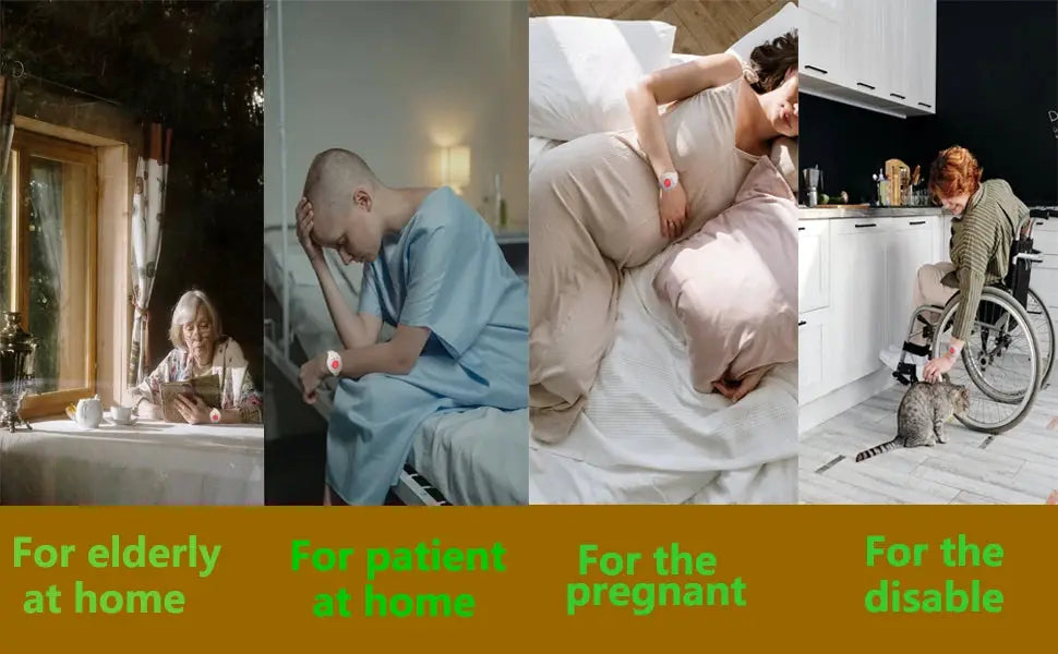 Wireless SOS pager for seniors; four scenes show elderly, patient, pregnant, and disabled wearing a wrist button