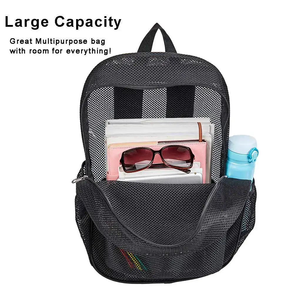 Women's mesh breathable backpack, large capacity, black mesh with side water bottle pocket