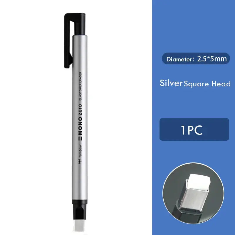 Tombow Mono Zero eraser pen, silver metal body with black clip, 1 piece
