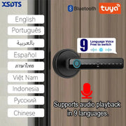 Tuya smart door lock with fingerprint handle and keypad, Bluetooth, 9-language audio playback, Simples Market.
