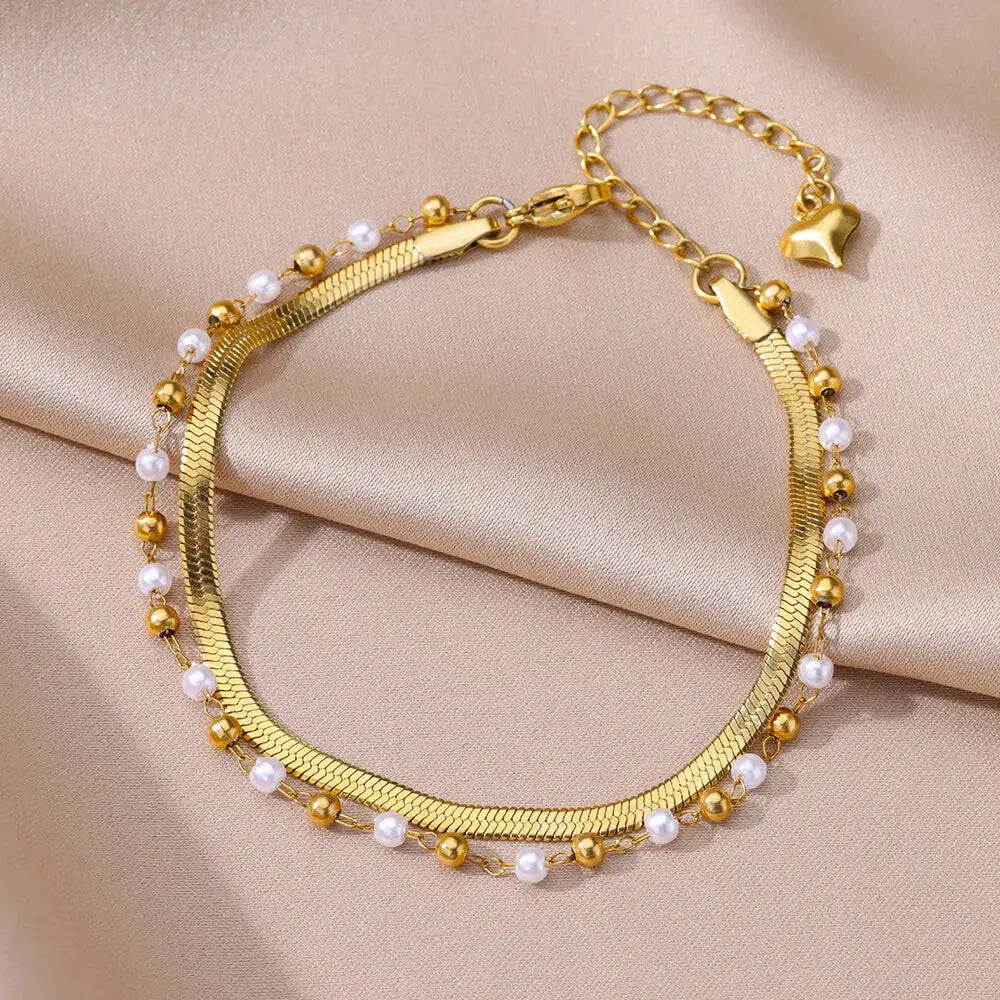 Gold Tone Stainless Steel Imitation Pearl Anklets for Women Beach Jewelry Chain Leg Bracelets Gift