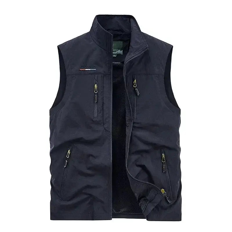 Sleeveless vest by Simples Market, navy cargo style for outdoor use with multiple zip pockets