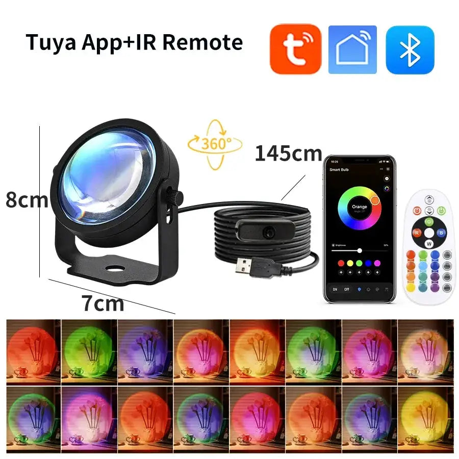 Smart Sunset Lamp RGB USB projector with Tuya App remote; compact 8cm tall, 7cm base, color-changing lighting.