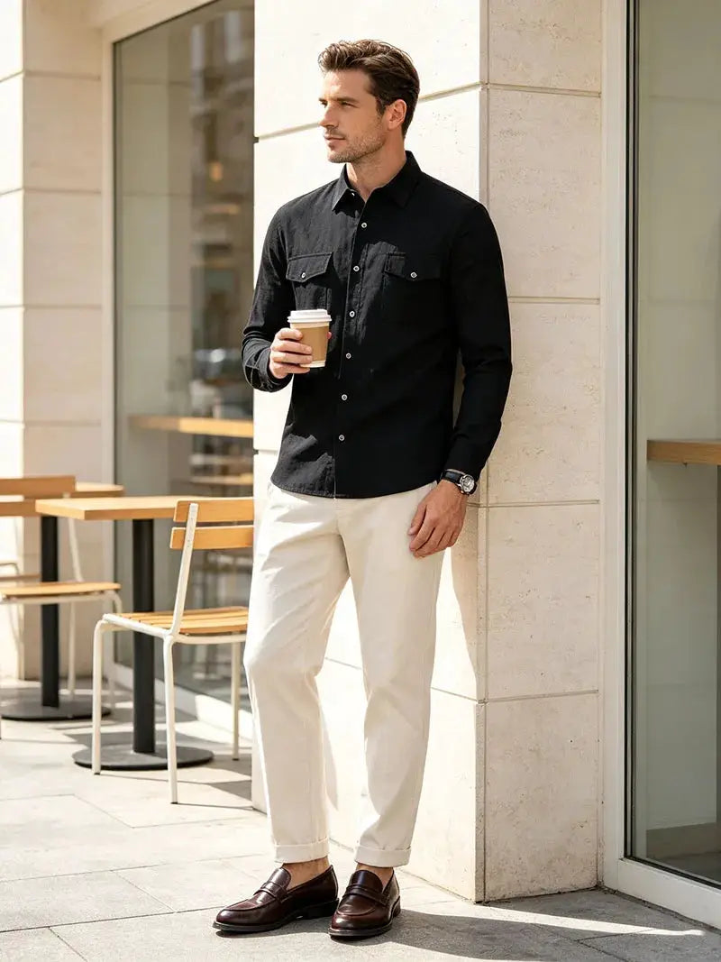 Men's long sleeve casual shirt Simples Market in black linen with double chest pockets and button-up.