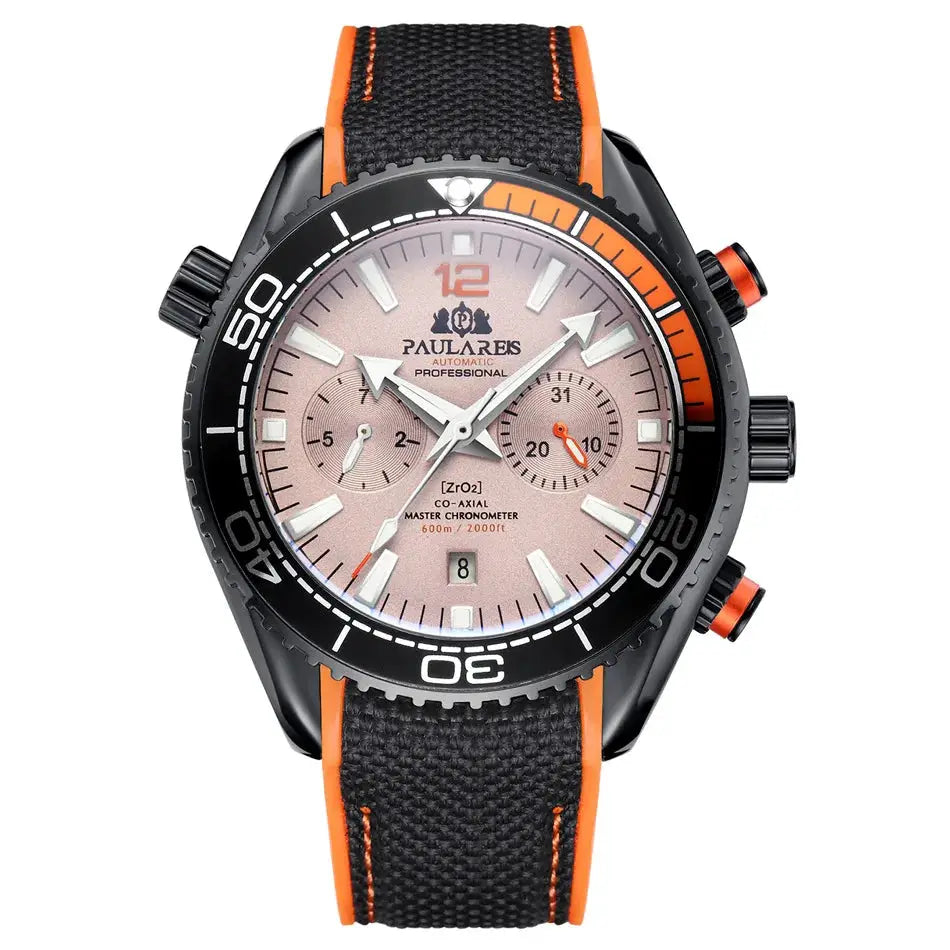 PAULAREIS P men's automatic diver watch with pink dial, black bezel, orange accents, rubber strap