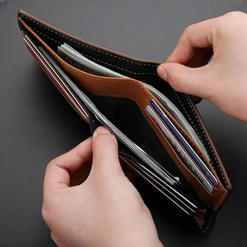Simples Market leather men's bi-fold wallet with multiple card slots in brown and black