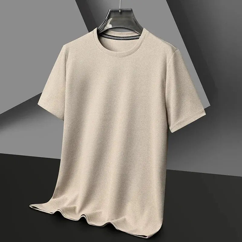 New Summer Waffle Round Neck Short Sleeve T Shirt For Men Comfortable Breathable Everyday Top