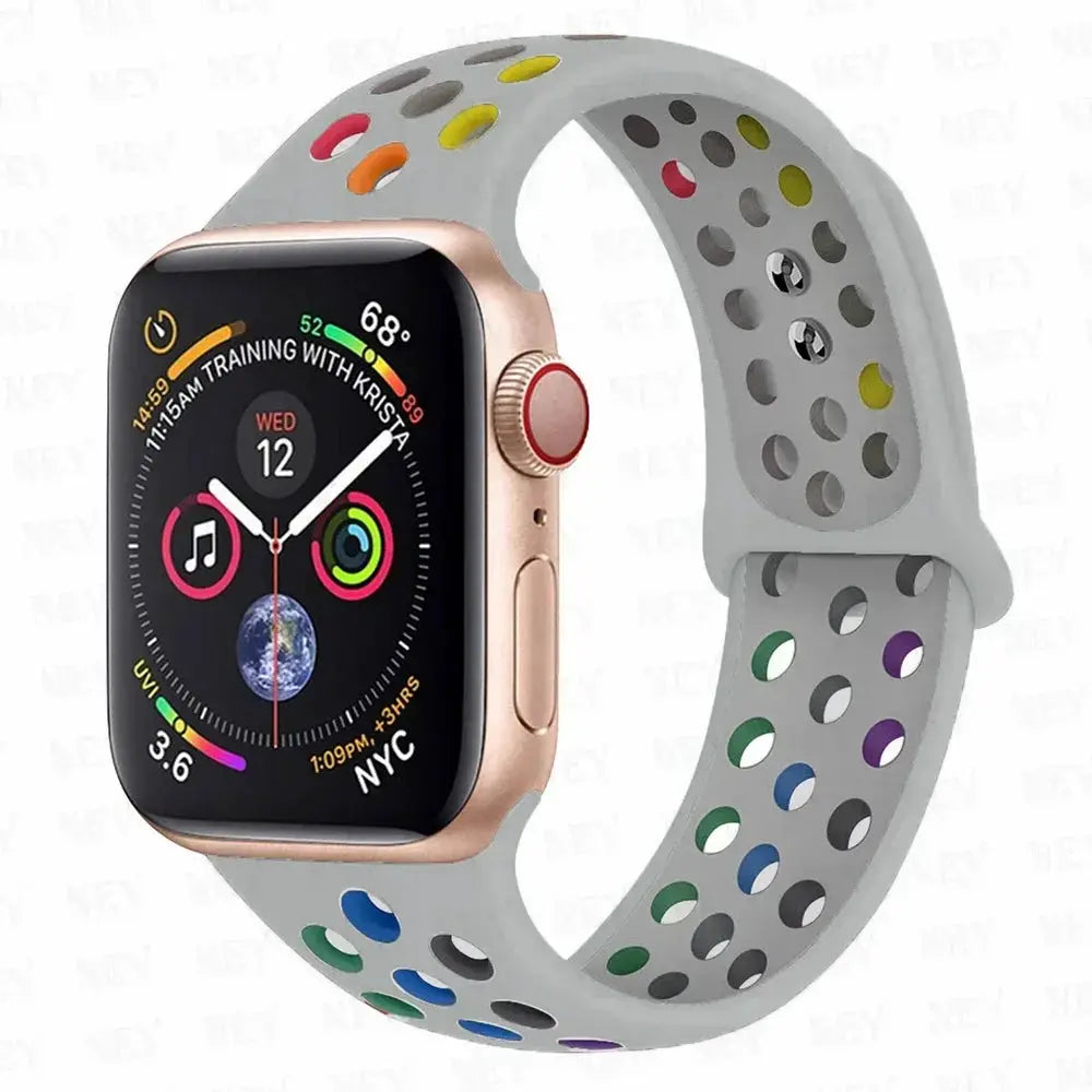 Simples Market silicone sport Apple Watch strap, gray with rainbow perforations, fits 38–45mm.