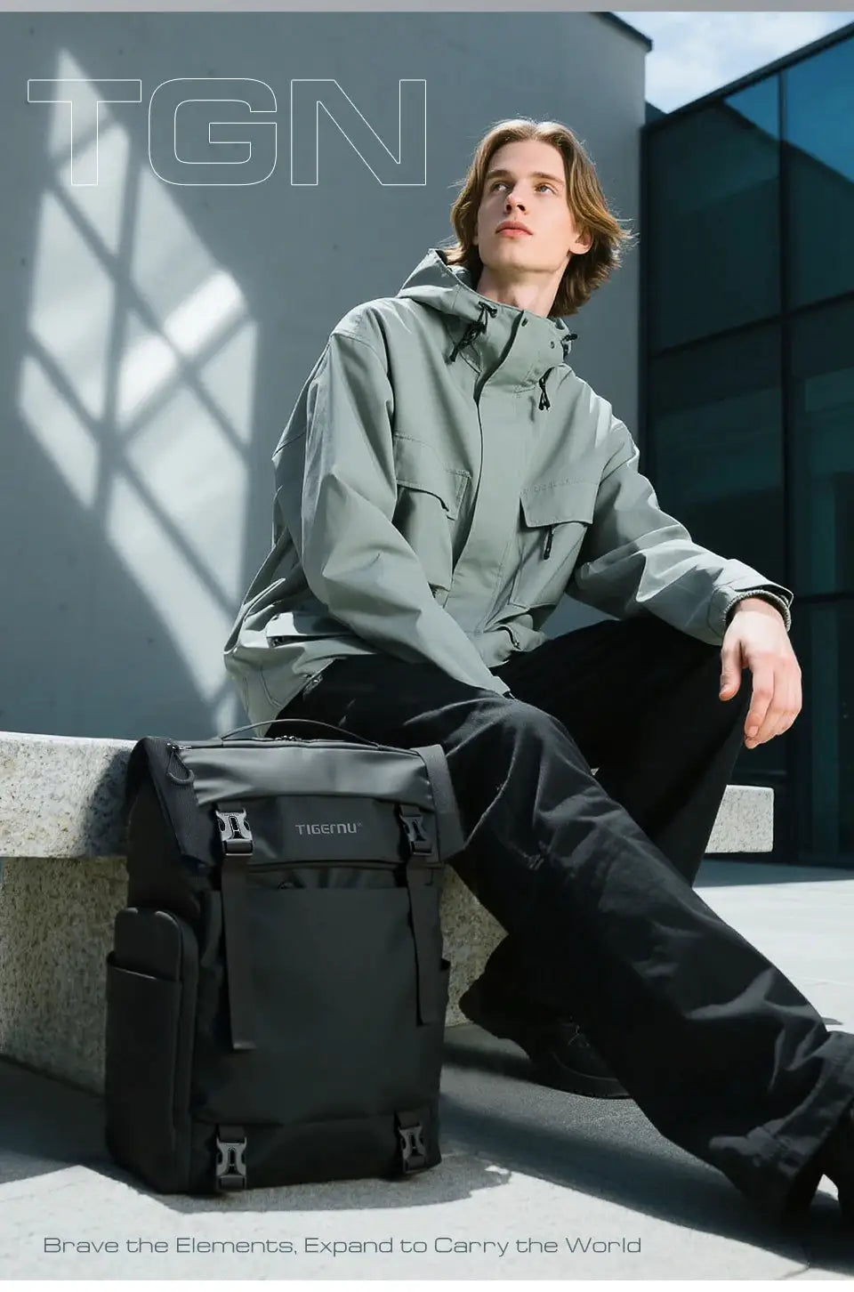 Tigernu travel backpack, TPU waterproof gray bag with front pockets and buckles.