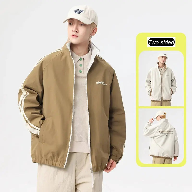 Two-sided reversible long-sleeve windproof jacket by Simples Market, brown outer and beige inner, unisex outdoor coat