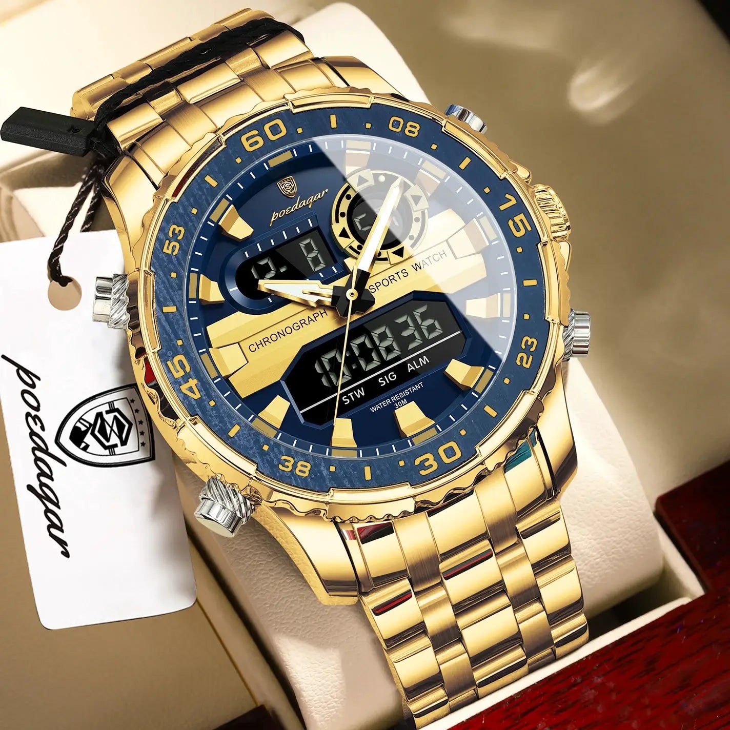 POEDAGAR electronic fashion men's wristwatch with gold-tone case and blue dial, LED display and dual time