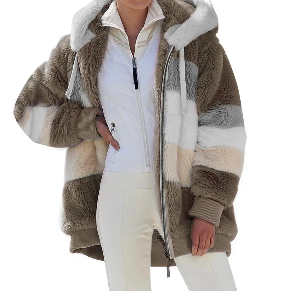 LuxeNest Oversized Hooded Plush Jacket For Women Cozy Warm Autumn Winter Coat With Zipper And Pockets