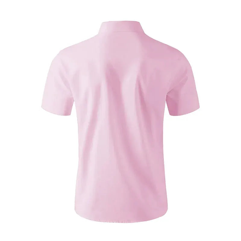 Men's pink short-sleeve collared shirt, solid color, business casual top.