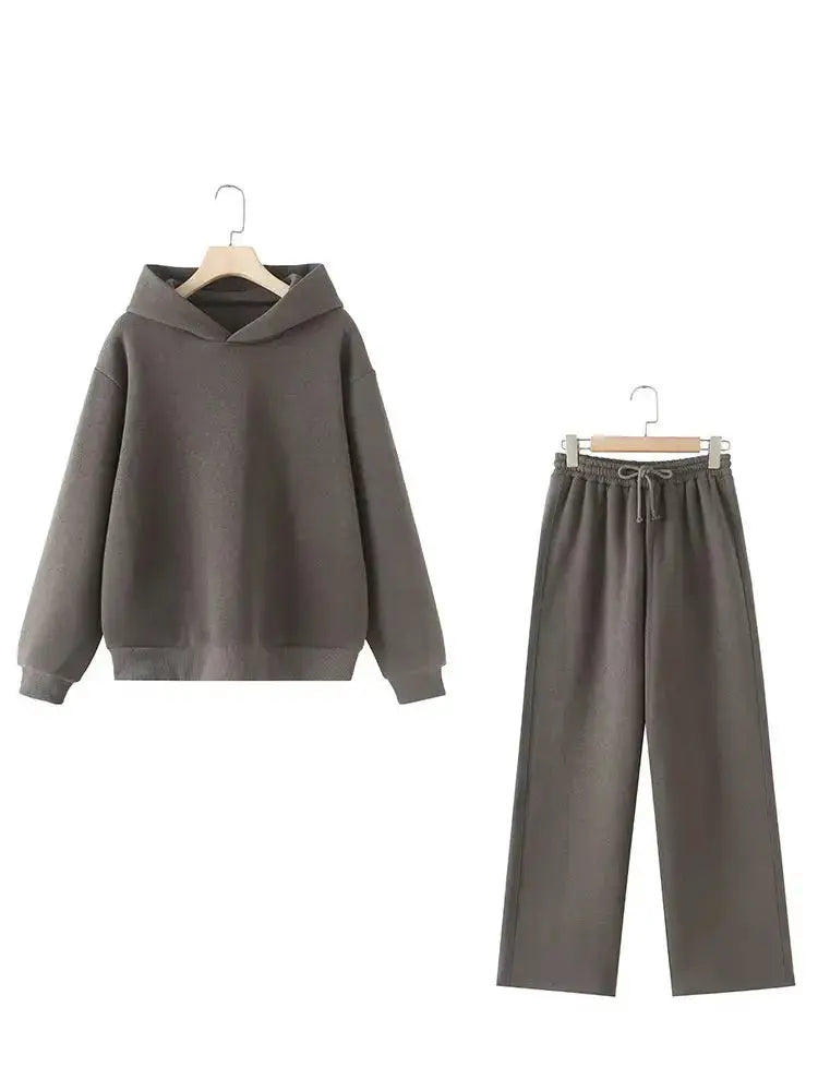 HH Women Solid Long Sleeve Hooded Fleece Pullover Pants Set Casual