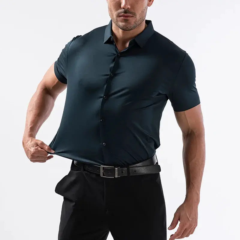 Men's Simples Market short-sleeve wrinkle-free dress shirt, black office attire.