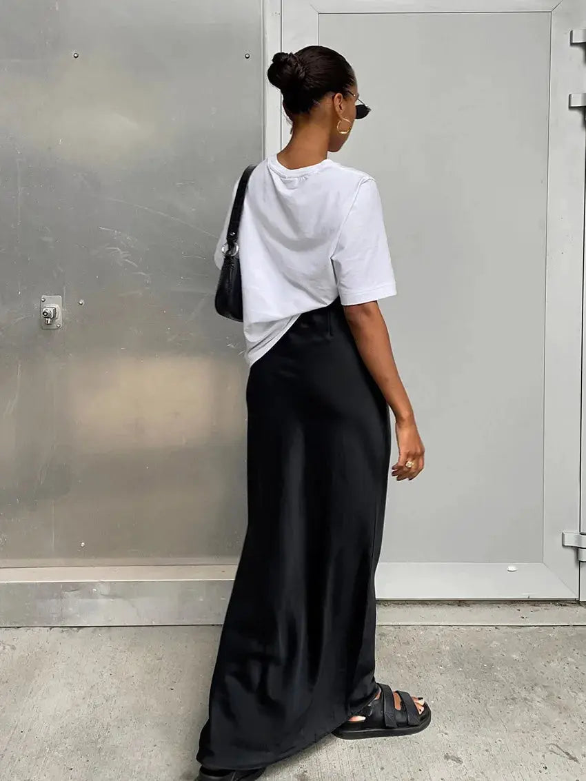 Simples Market Satin Black Trumpet Skirt, high-waist long satin office skirt