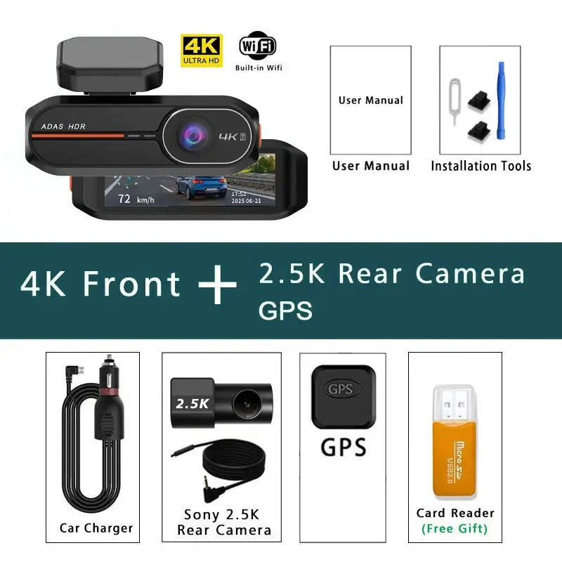 Simples Market 4K front dash cam with 2.5K rear camera, GPS, night vision; includes car charger and card reader (gift)