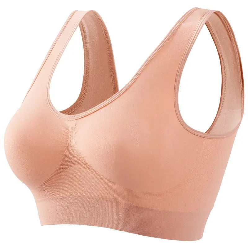 Women wide-strap seamless wireless tank bra in peach nude knit fabric