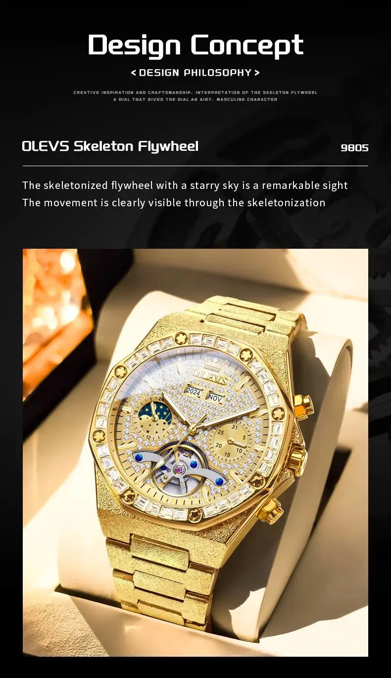 OLEVS gold steel men's wristwatch with skeleton flywheel and diamond-studded bezel