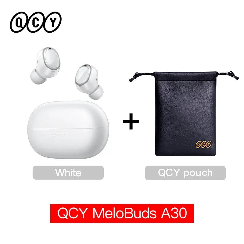 QCY MeloBuds A30 white wireless earbuds with charging case and QCY pouch (2 earbuds shown)