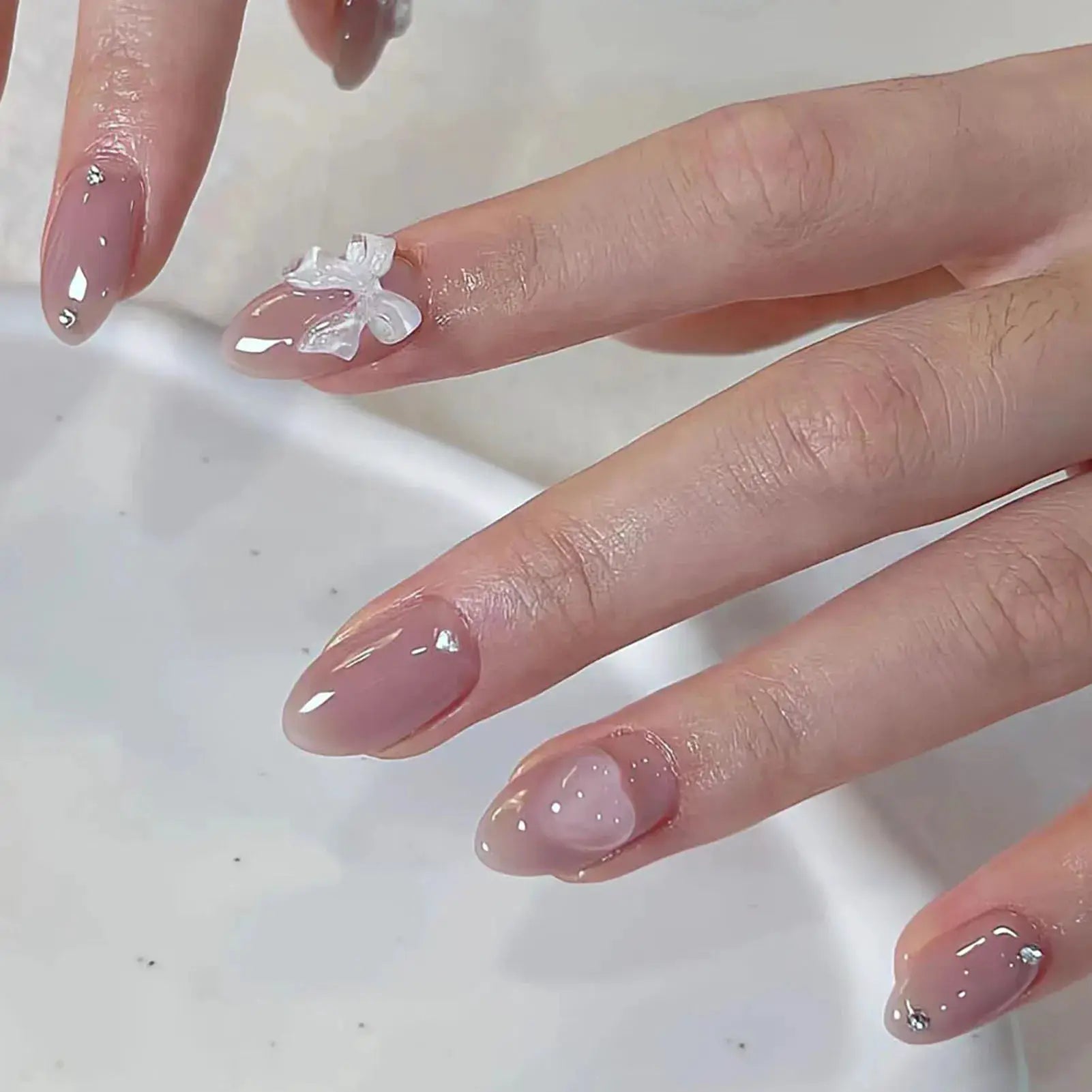 LuxeNail Blush Pink False Nails Bowknot Diamond Pearl Design Press On Nail Tips Harmless Smooth Edge Safe DIY Mani