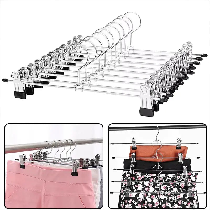 Simples Market metal clothes rack with 5–20 anti-slip clips for skirts and trousers, black end caps.