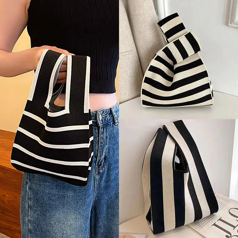 Handwoven handbag by Simples Market with black and white stripes, compact mini tote.