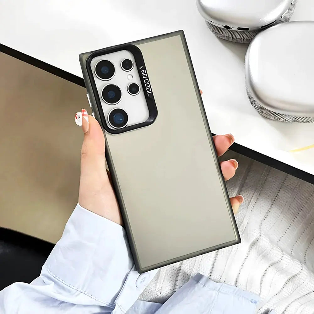 Samsung Galaxy phone case with a silver translucent back and black bumper, SOCOOL branding