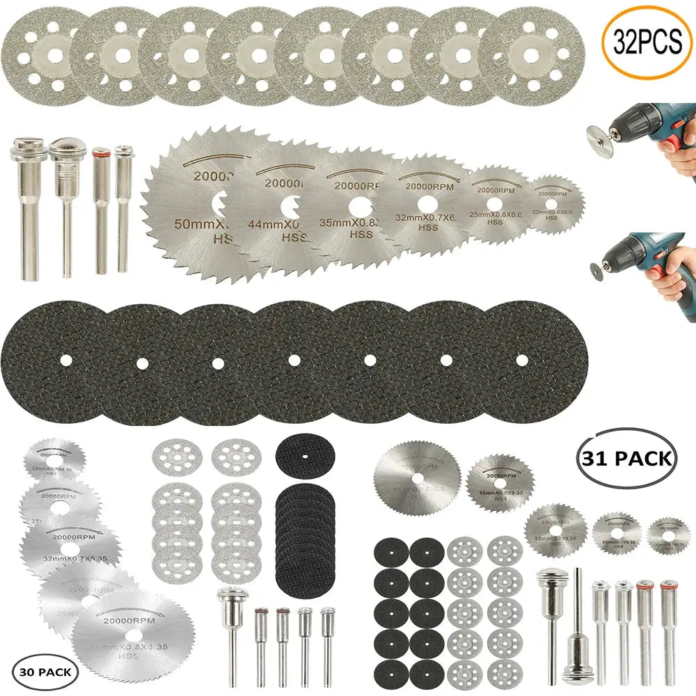 Six To Thirty Two Pcs Mini Circular Saw Blade Set For Dremel Rotary Tools With Sanding Grinding Wheels And Cutting Discs