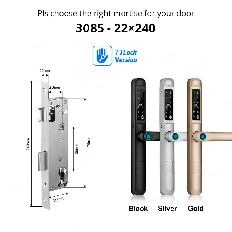 Simples Market TTLock smart keyless door lock with fingerprint, Bluetooth app, RFID; sliding in black, silver, gold