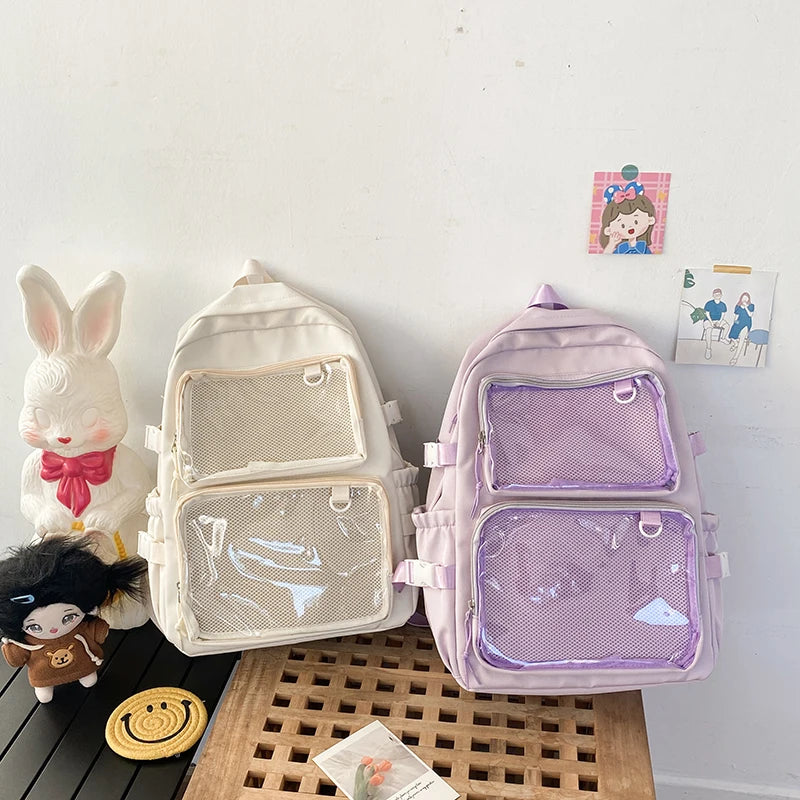 Simples Market Japanese style transparent Ita bag backpacks in beige and lavender with mesh front pockets (2)