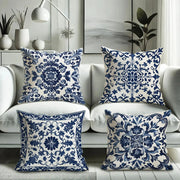 Pillowcases: Bohemian blue and white floral designs by Simples Market on a white sofa, set of six