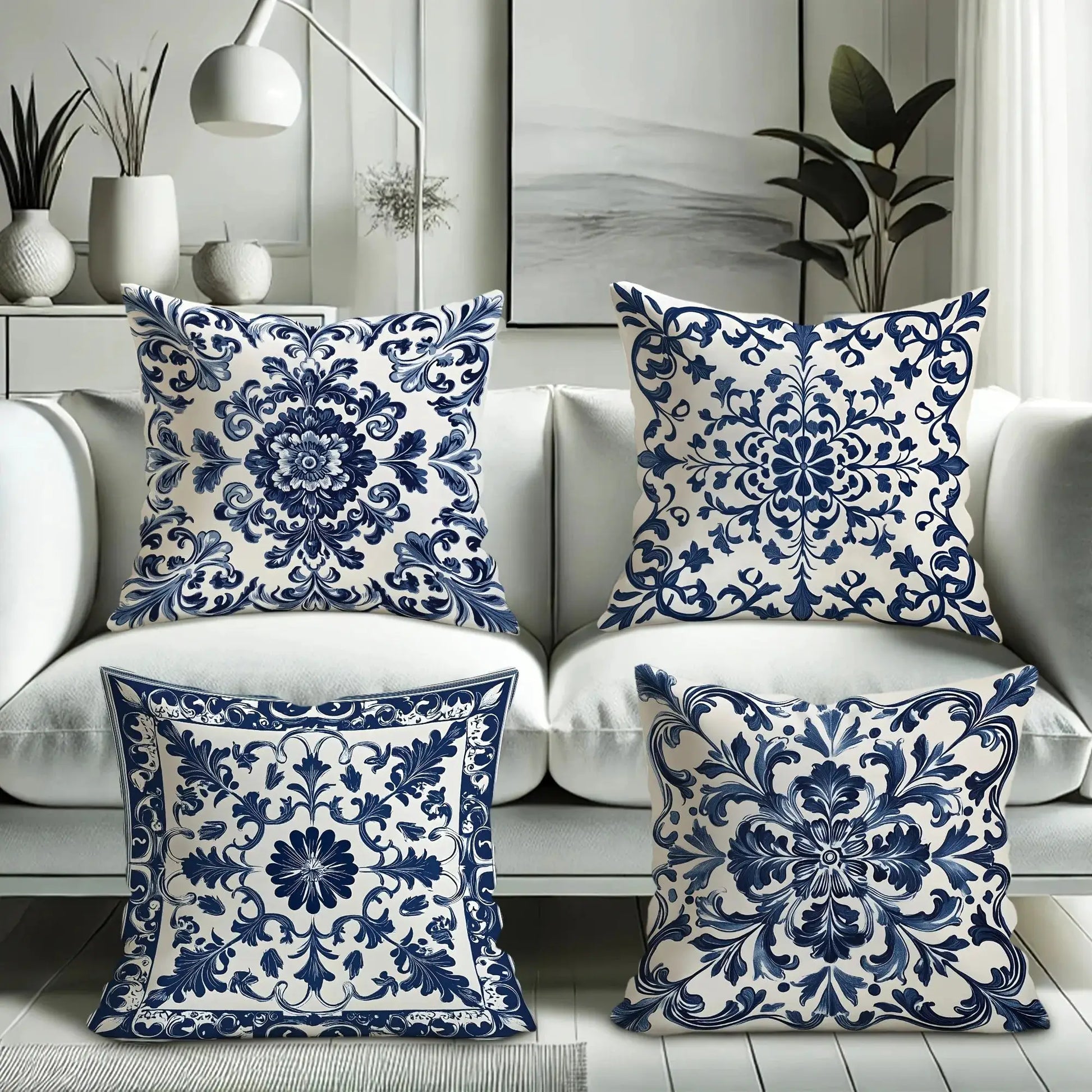 Pillowcases: Bohemian blue and white floral designs by Simples Market on a white sofa, set of six