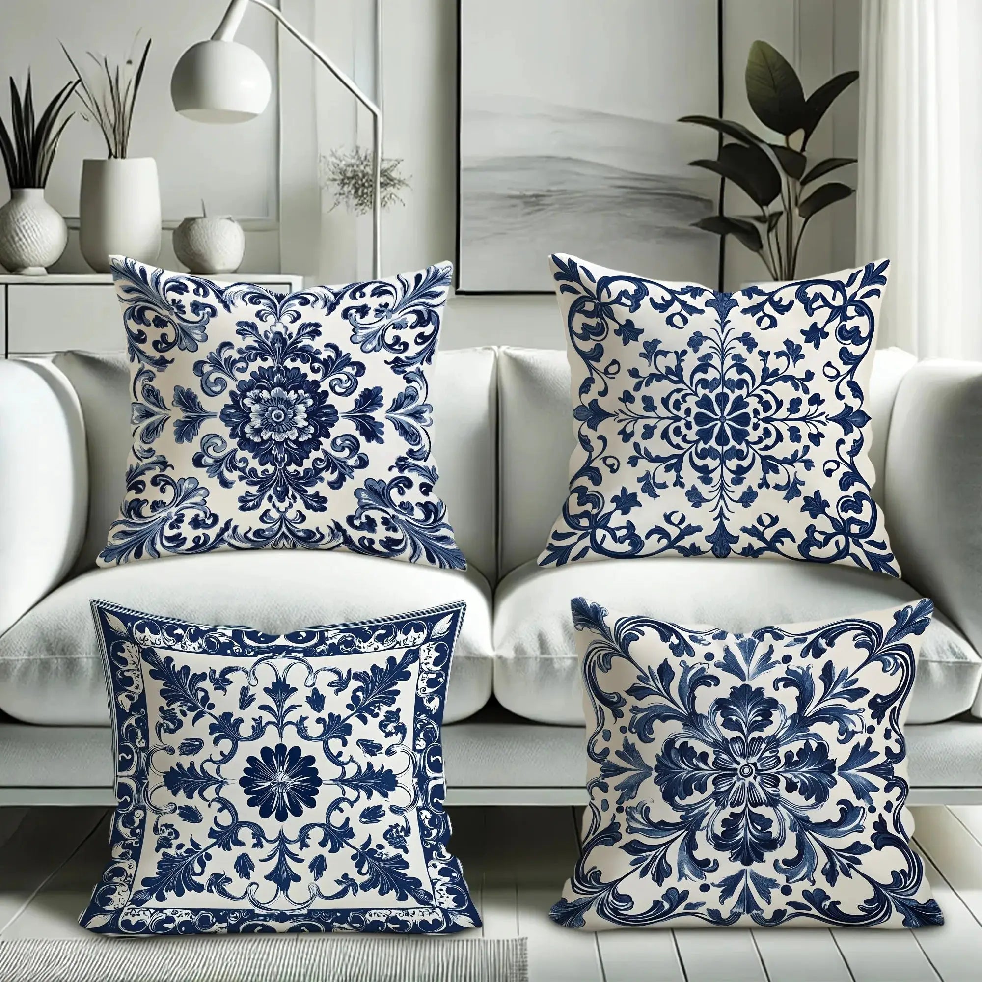 Pillowcases: Bohemian blue and white floral designs by Simples Market on a white sofa, set of six