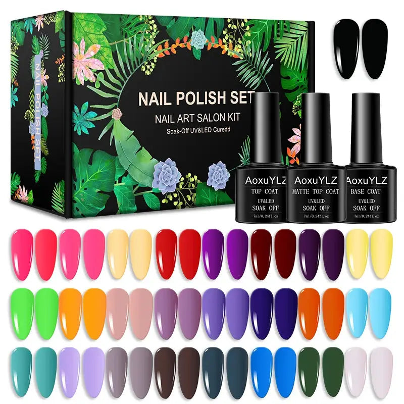 Gel nail polish set by Simples Market, 28pc glass bottles, soak-off UV gel, base and matte top coats, colorful shades.