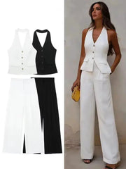 HH Women Pant Suit Set Halter Vest Blazer Top Zipper Pants Office Lady