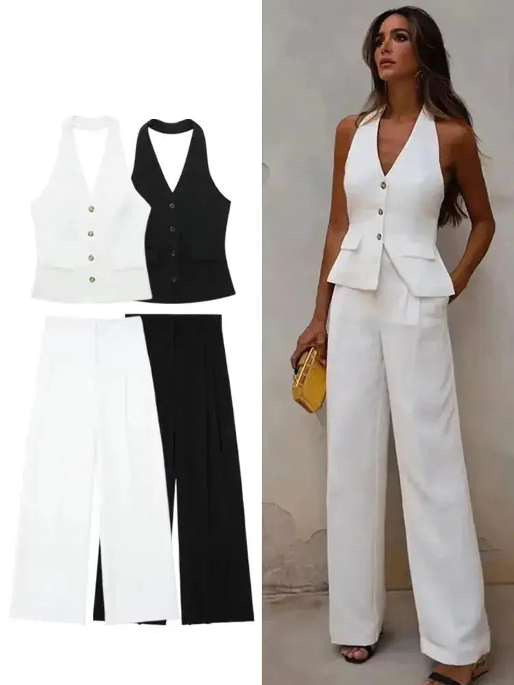 HH Women Pant Suit Set Halter Vest Blazer Top Zipper Pants Office Lady