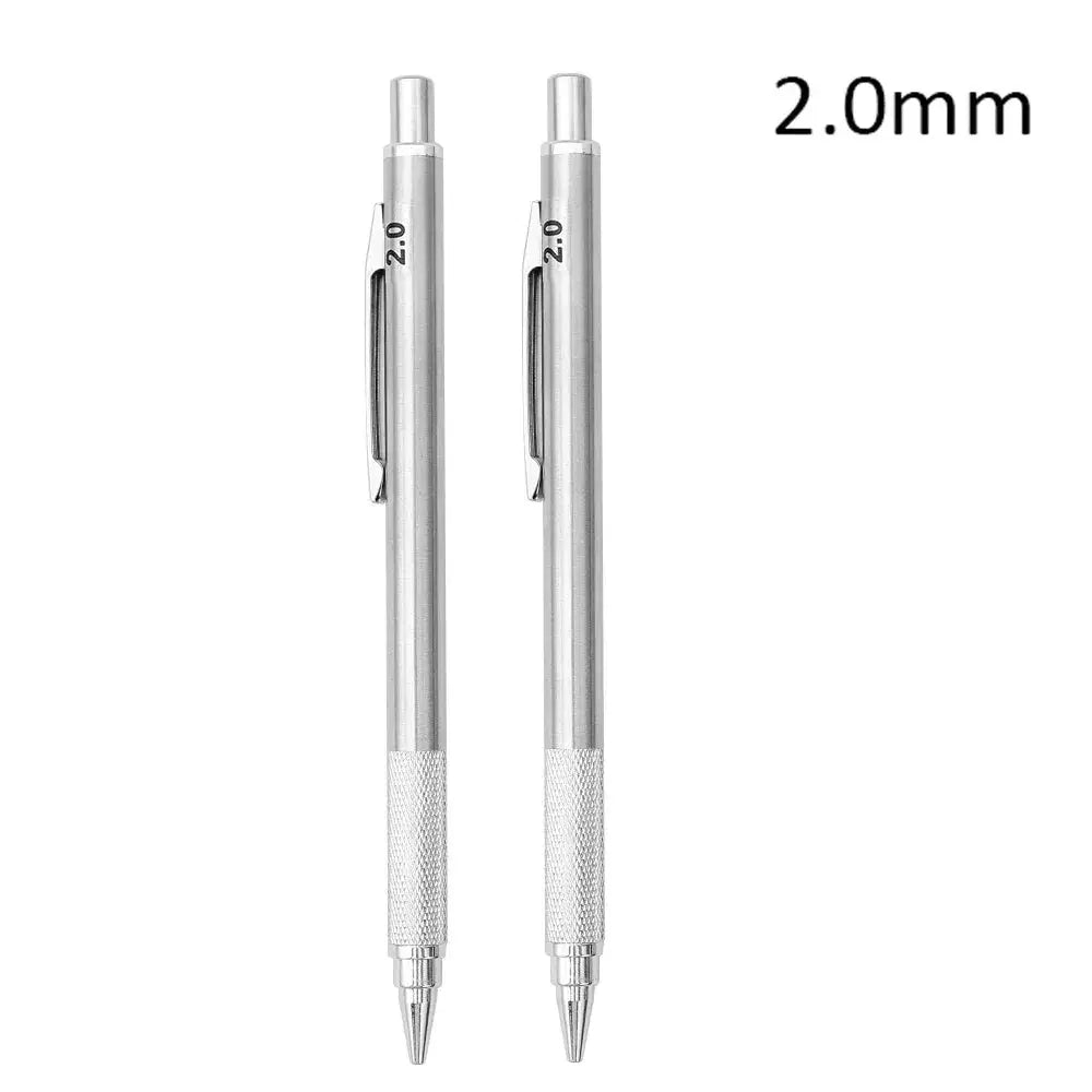 Metal drafting pencils set by Simples Market, silver 2.0mm lead holders with knurled grips (2 pcs)