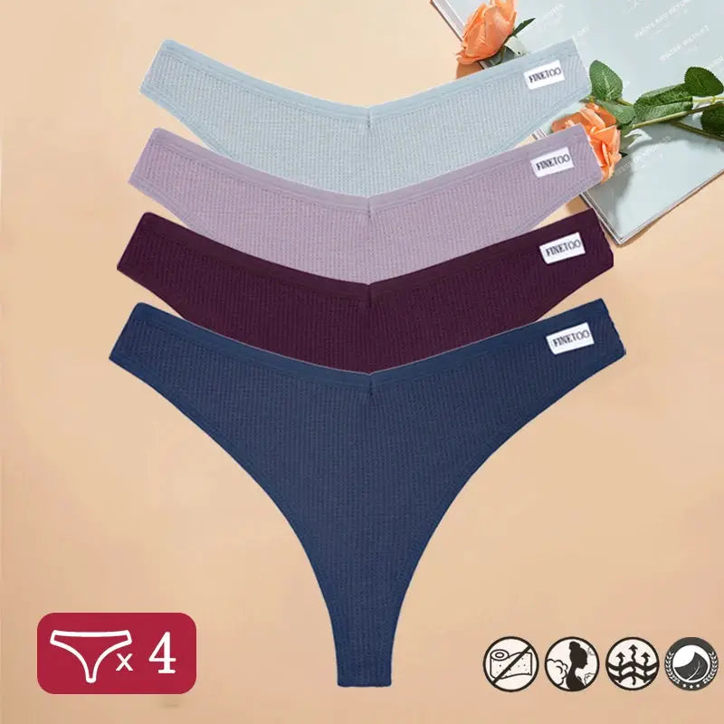 4-pack waffle cotton women's thong panties in blue, lilac, burgundy and navy with V-waist, Finetoo label