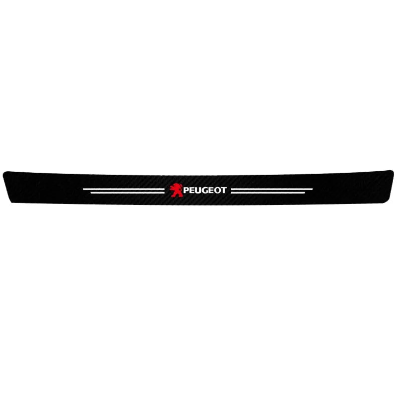 Peugeot car door sill protector, black leather-look strip with white stripes and red lion logo