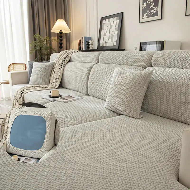 Elastic sofa cushion cover in beige string-knit fabric by Simples Market for living room protection