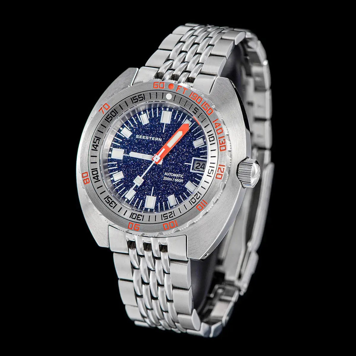 Seestern diver watch for men with stainless steel bracelet, blue speckled dial, orange hands, date, 200m water resistant.