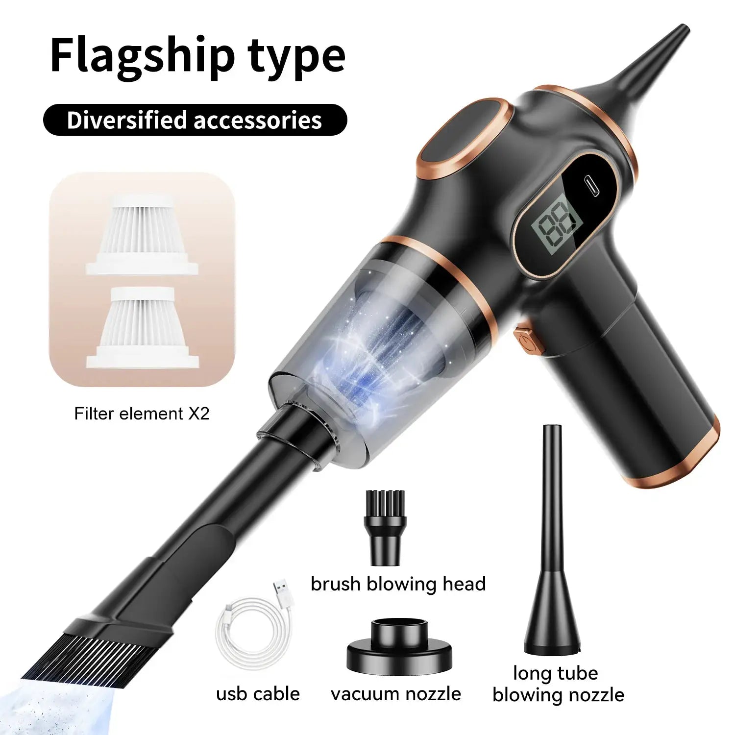 ABS Wireless Car Vacuum Cleaner by Simples Market; black handheld with copper trim, includes 2 filter elements